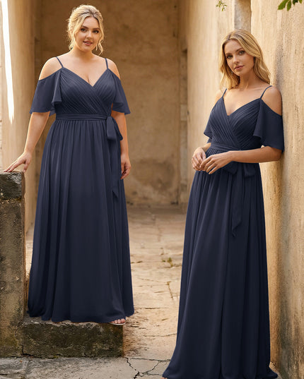 Spaghetti Straps V Neck Pleated Chiffon Bridesmaid Dresses