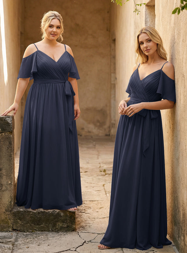 Spaghetti Straps V Neck Pleated Chiffon Bridesmaid Dresses