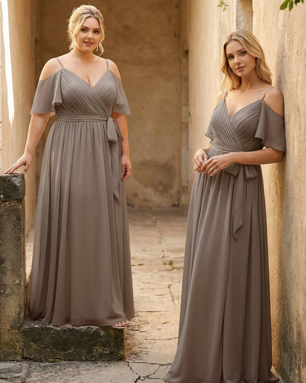 Spaghetti Straps V Neck Pleated Chiffon Bridesmaid Dresses
