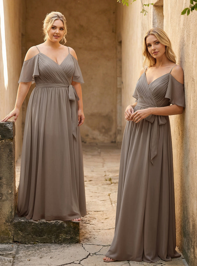 Spaghetti Straps V Neck Pleated Chiffon Bridesmaid Dresses