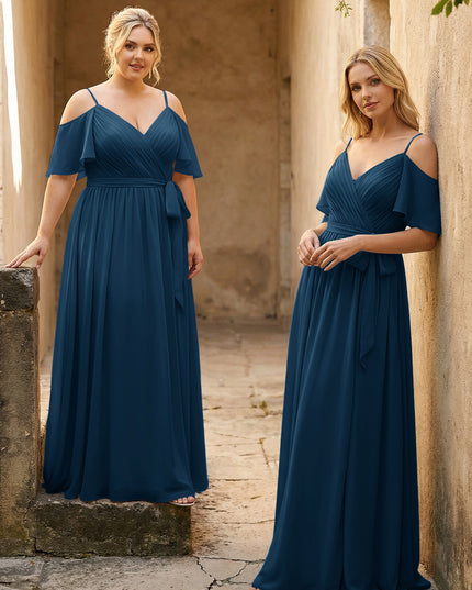Spaghetti Straps V Neck Pleated Chiffon Bridesmaid Dresses