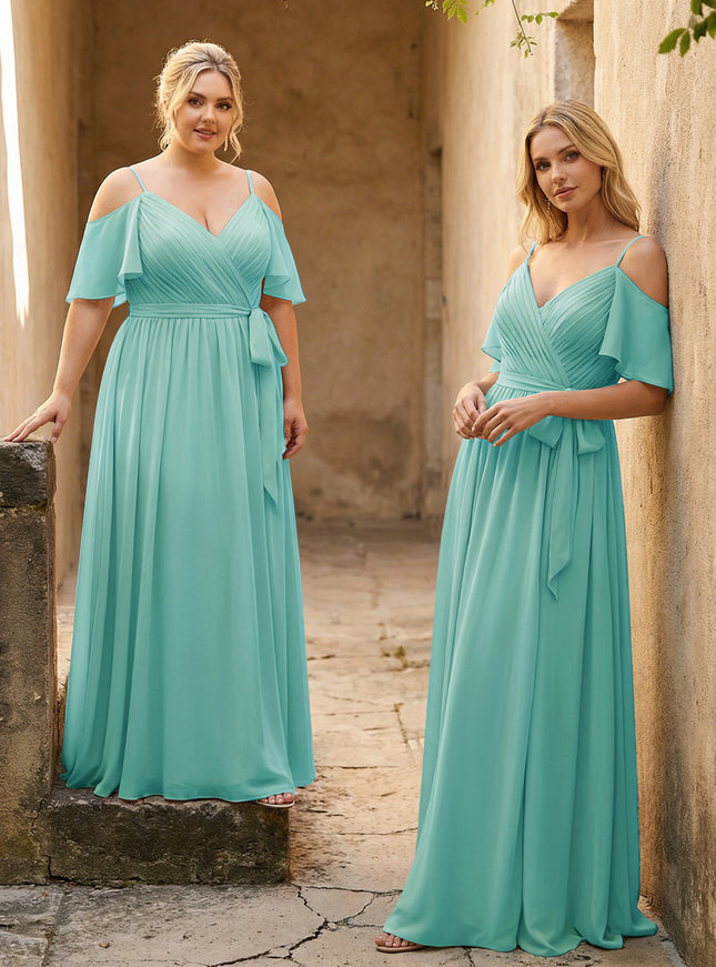 Spaghetti Straps V Neck Pleated Chiffon Bridesmaid Dresses