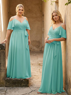 Spaghetti Straps V Neck Pleated Chiffon Bridesmaid Dresses