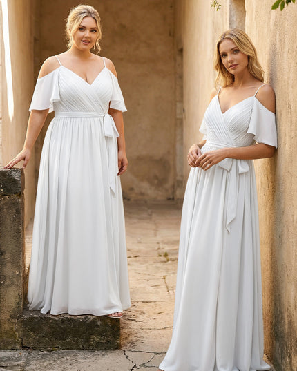 Spaghetti Straps V Neck Pleated Chiffon Bridesmaid Dresses