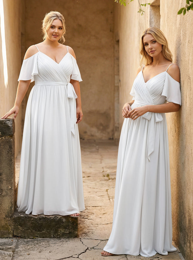 Spaghetti Straps V Neck Pleated Chiffon Bridesmaid Dresses