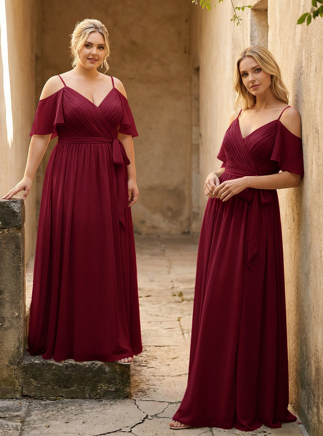 Spaghetti Straps V Neck Pleated Chiffon Bridesmaid Dresses