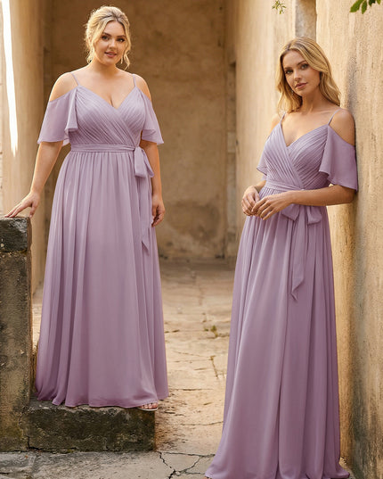 Spaghetti Straps V Neck Pleated Chiffon Bridesmaid Dresses
