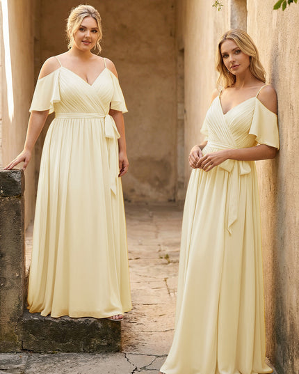 Spaghetti Straps V Neck Pleated Chiffon Bridesmaid Dresses