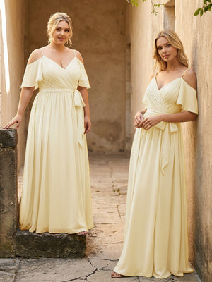 Spaghetti Straps V Neck Pleated Chiffon Bridesmaid Dresses