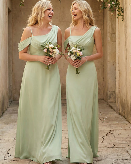 Square Neck Pleated Satin Tiered Bridesmaid Dresses