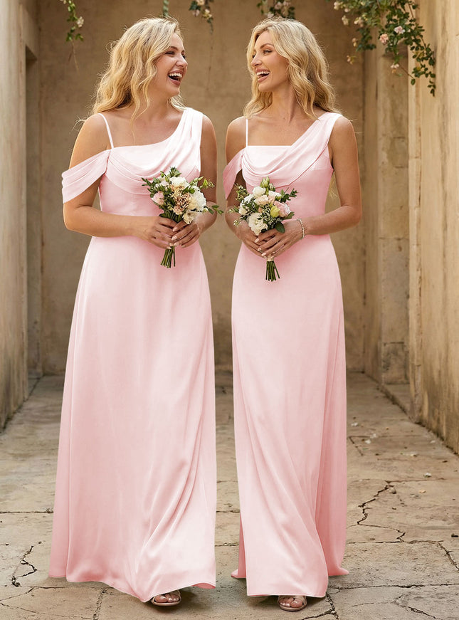 Square Neck Pleated Satin Tiered Bridesmaid Dresses