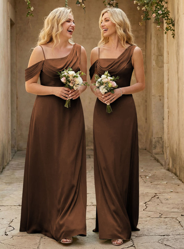 Square Neck Pleated Satin Tiered Bridesmaid Dresses