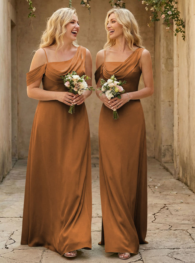 Square Neck Pleated Satin Tiered Bridesmaid Dresses