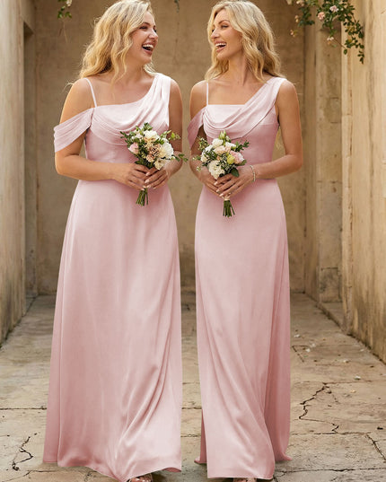 Square Neck Pleated Satin Tiered Bridesmaid Dresses