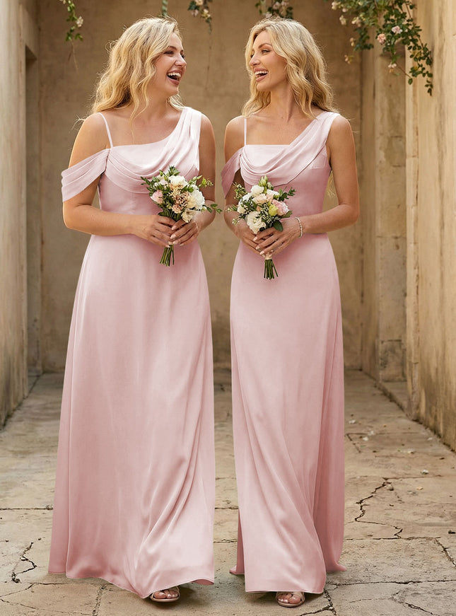 Square Neck Pleated Satin Tiered Bridesmaid Dresses
