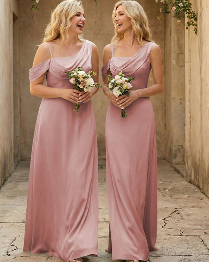 Square Neck Pleated Satin Tiered Bridesmaid Dresses