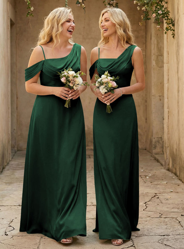 Square Neck Pleated Satin Tiered Bridesmaid Dresses