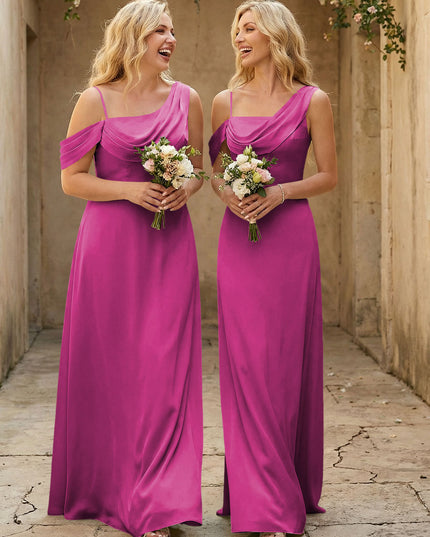 Square Neck Pleated Satin Tiered Bridesmaid Dresses