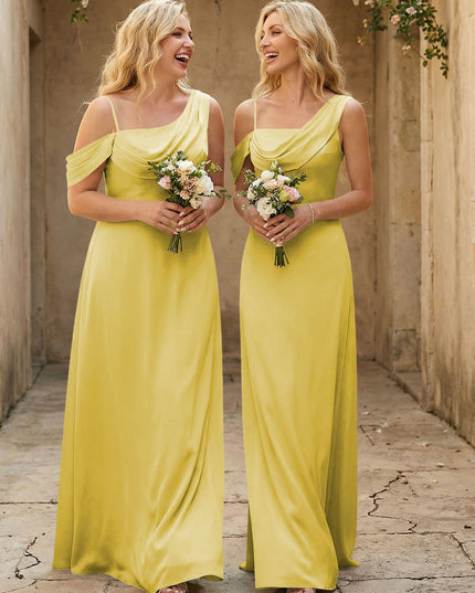 Square Neck Pleated Satin Tiered Bridesmaid Dresses