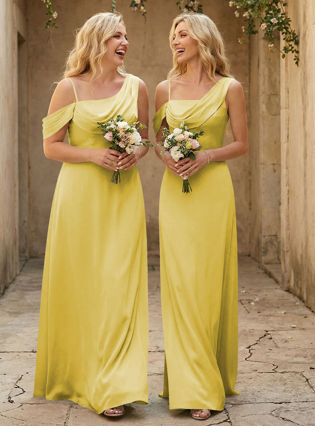 Square Neck Pleated Satin Tiered Bridesmaid Dresses