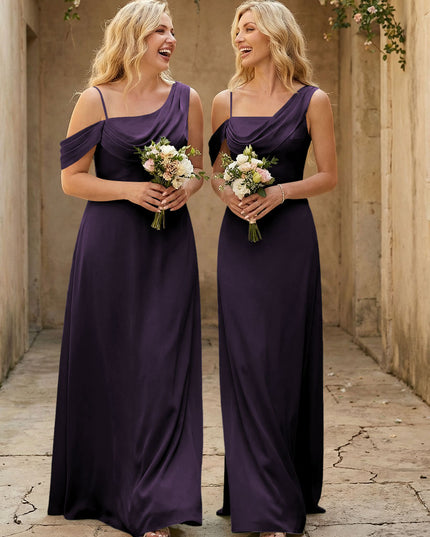 Square Neck Pleated Satin Tiered Bridesmaid Dresses