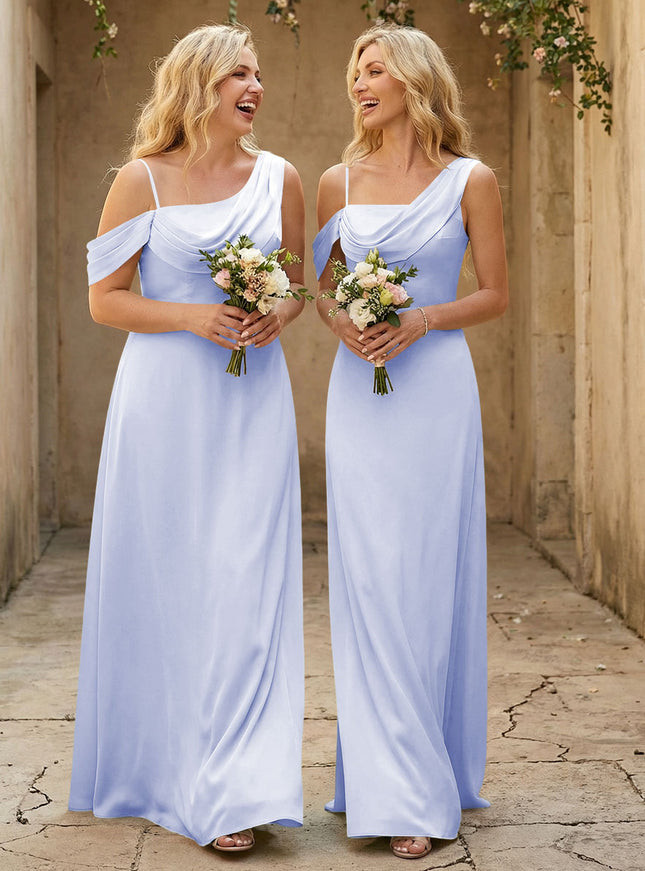 Square Neck Pleated Satin Tiered Bridesmaid Dresses