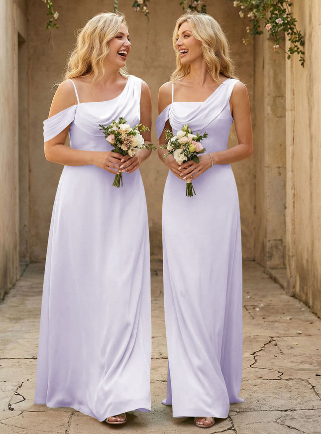 Square Neck Pleated Satin Tiered Bridesmaid Dresses