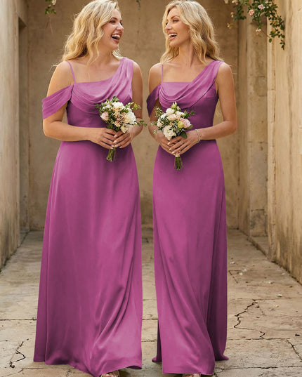 Square Neck Pleated Satin Tiered Bridesmaid Dresses