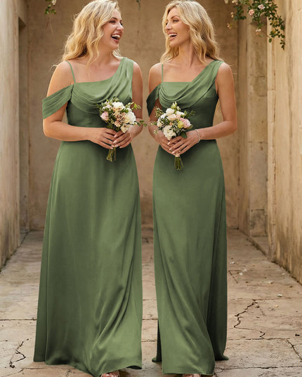 Square Neck Pleated Satin Tiered Bridesmaid Dresses