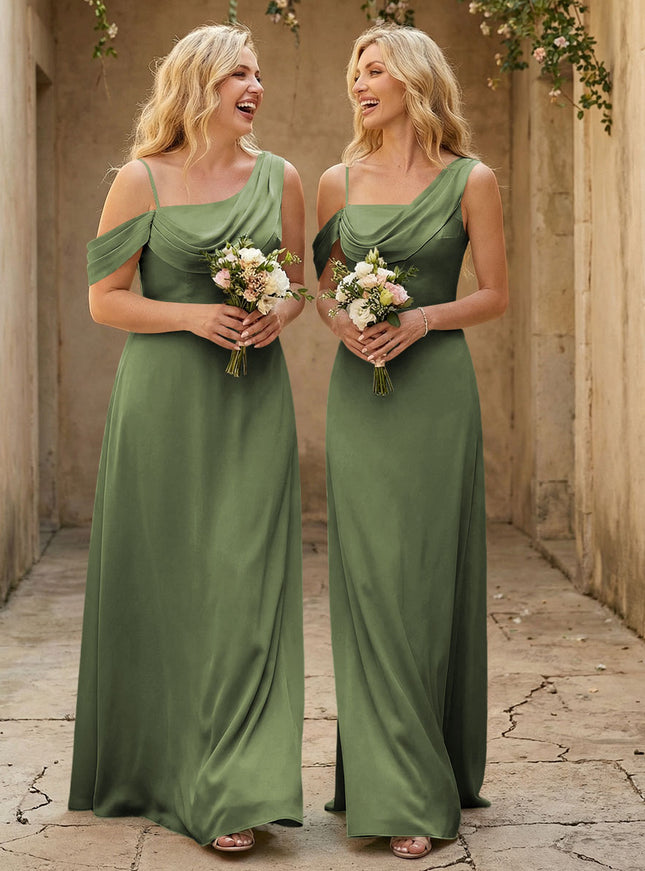 Square Neck Pleated Satin Tiered Bridesmaid Dresses