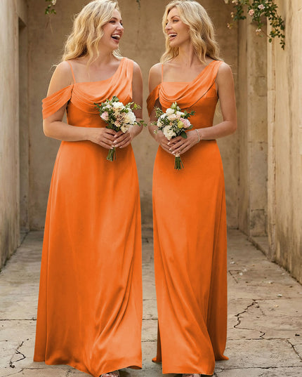 Square Neck Pleated Satin Tiered Bridesmaid Dresses