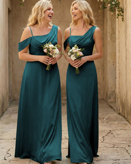 Square Neck Pleated Satin Tiered Bridesmaid Dresses