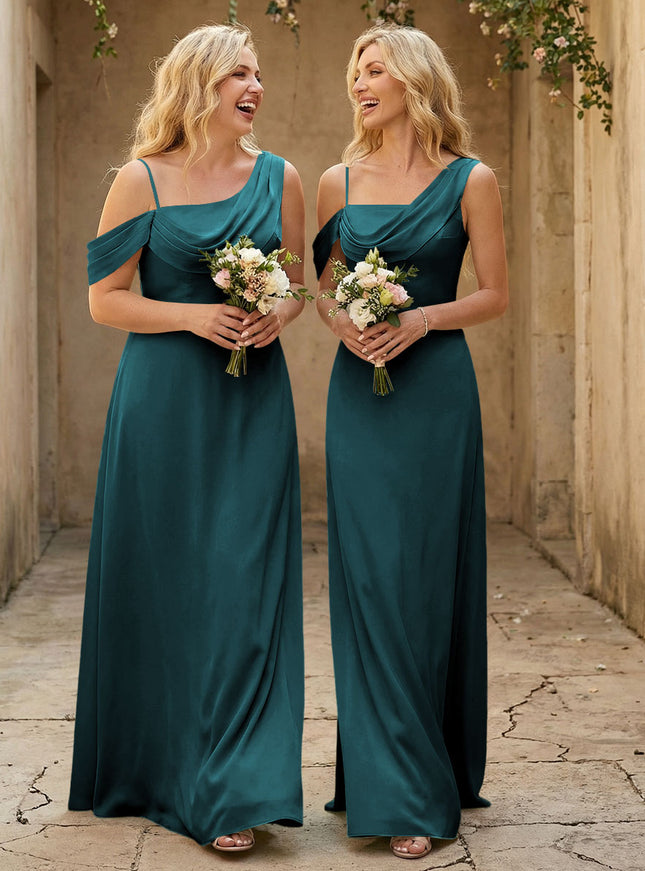 Square Neck Pleated Satin Tiered Bridesmaid Dresses