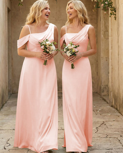 Square Neck Pleated Satin Tiered Bridesmaid Dresses