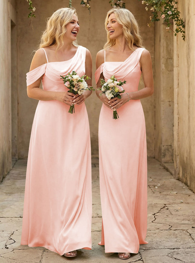Square Neck Pleated Satin Tiered Bridesmaid Dresses
