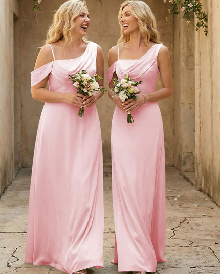 Square Neck Pleated Satin Tiered Bridesmaid Dresses