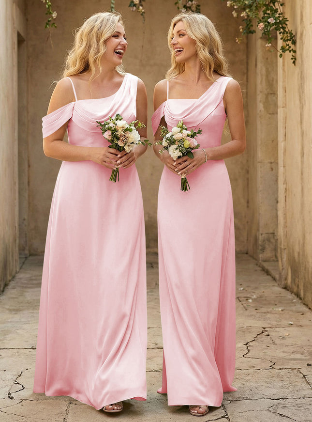 Square Neck Pleated Satin Tiered Bridesmaid Dresses