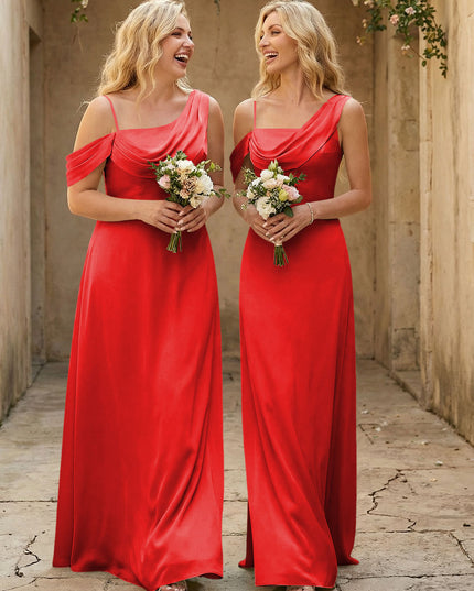 Square Neck Pleated Satin Tiered Bridesmaid Dresses