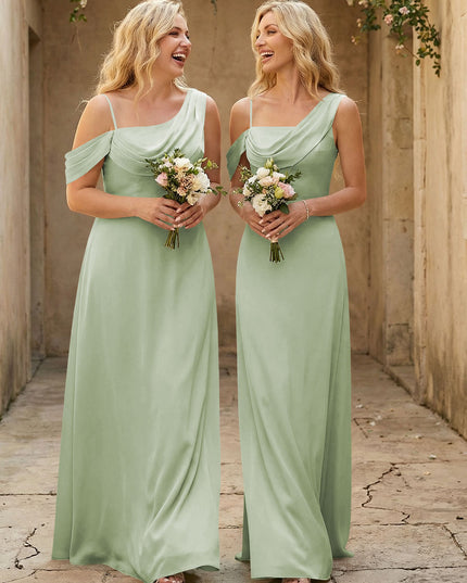 Square Neck Pleated Satin Tiered Bridesmaid Dresses