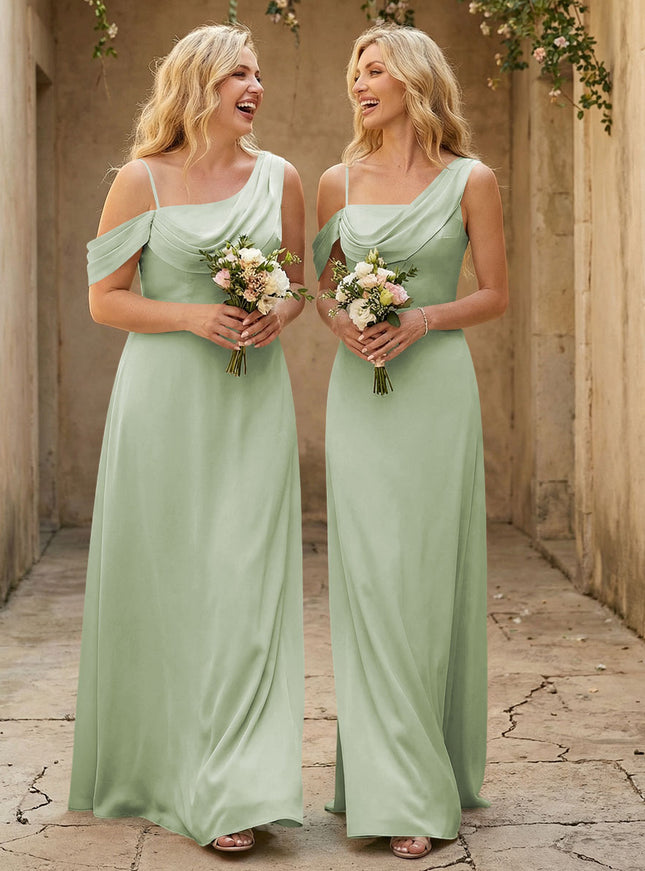 Square Neck Pleated Satin Tiered Bridesmaid Dresses