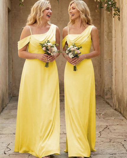 Square Neck Pleated Satin Tiered Bridesmaid Dresses