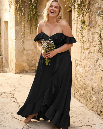 Off the Shoulder Ruffles Satin Bridesmaid Dresses