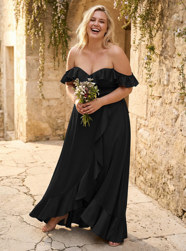 Off the Shoulder Ruffles Satin Bridesmaid Dresses