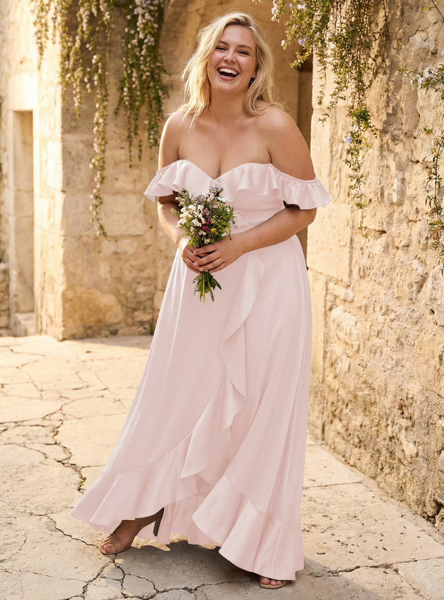 Off the Shoulder Ruffles Satin Bridesmaid Dresses
