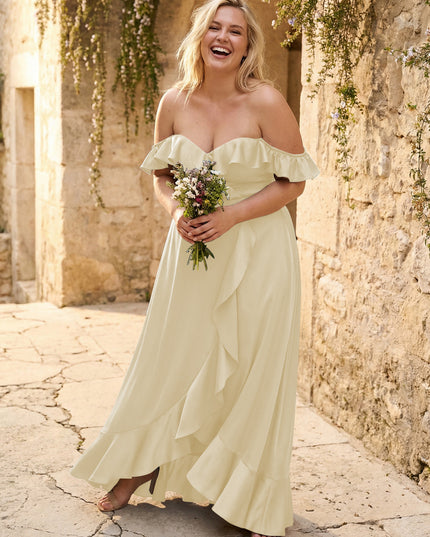Off the Shoulder Ruffles Satin Bridesmaid Dresses