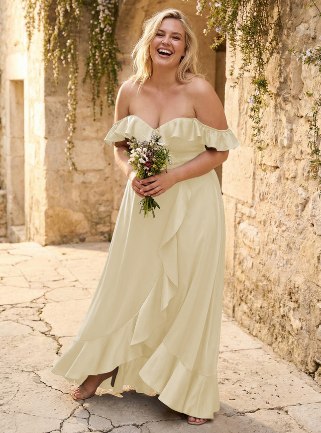 Off the Shoulder Ruffles Satin Bridesmaid Dresses
