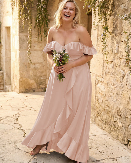 Off the Shoulder Ruffles Satin Bridesmaid Dresses