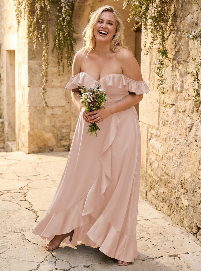 Off the Shoulder Ruffles Satin Bridesmaid Dresses