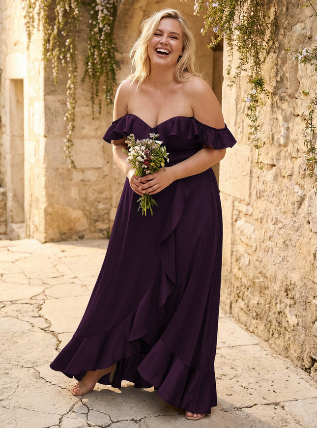 Off the Shoulder Ruffles Satin Bridesmaid Dresses