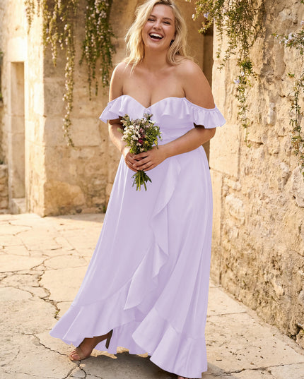 Off the Shoulder Ruffles Satin Bridesmaid Dresses